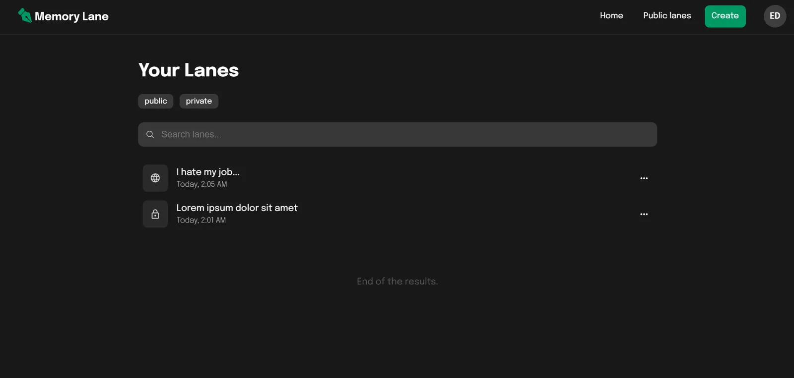 Your lanes page with public and private entries
