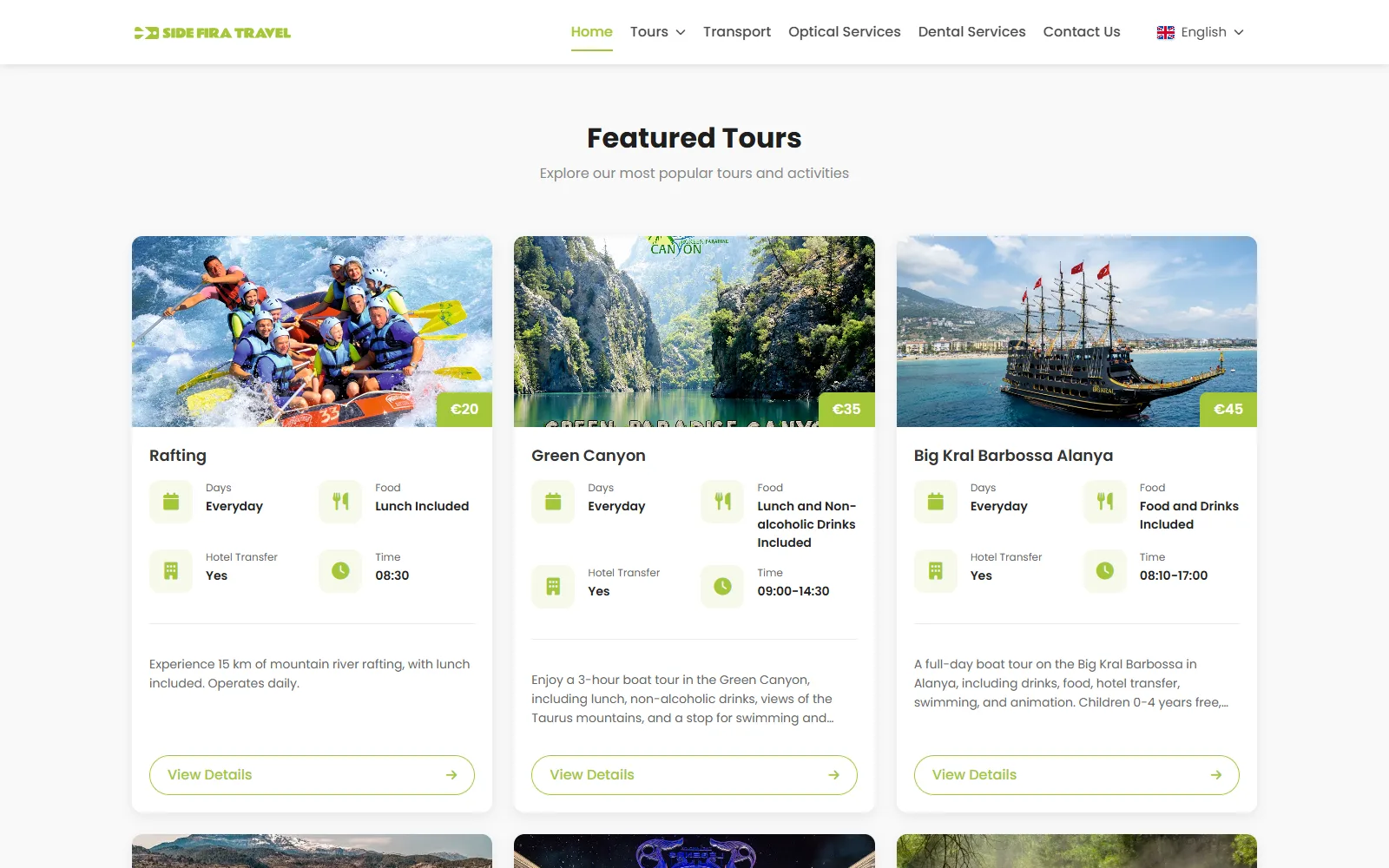 Featured tours grid with prices, days, meals and pick-up times