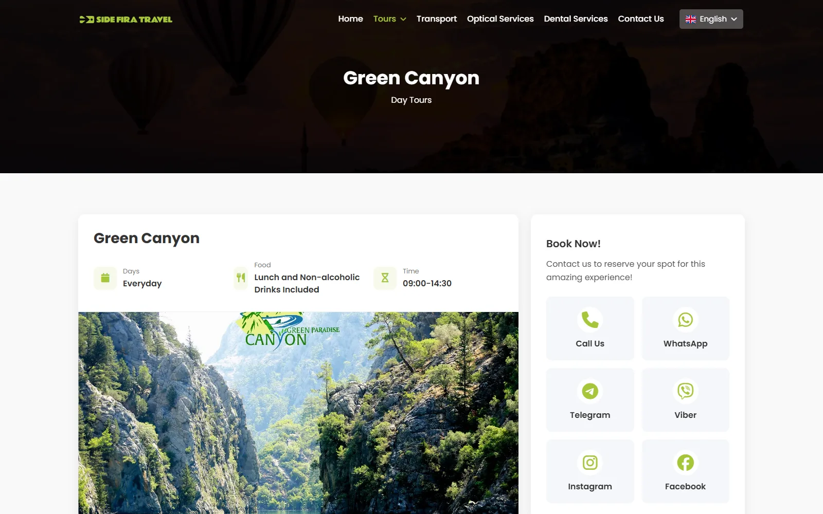 Green Canyon tour page with booking options