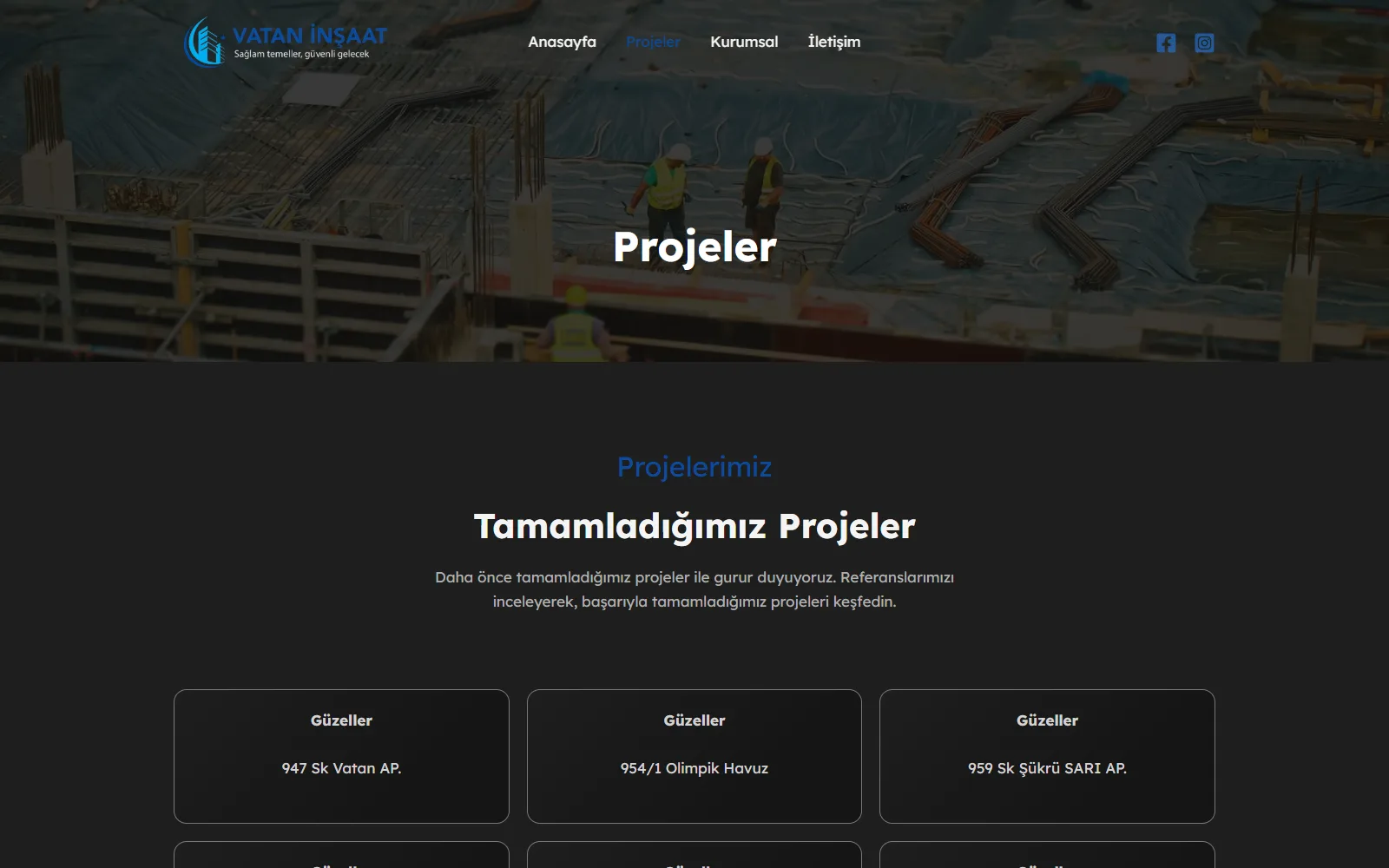 Tamamlanan binaların listelendiği projeler sayfası